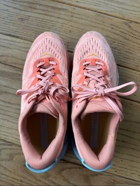 Hoka Women's Pink Coral Athletic Running Shoes with Blue Trim